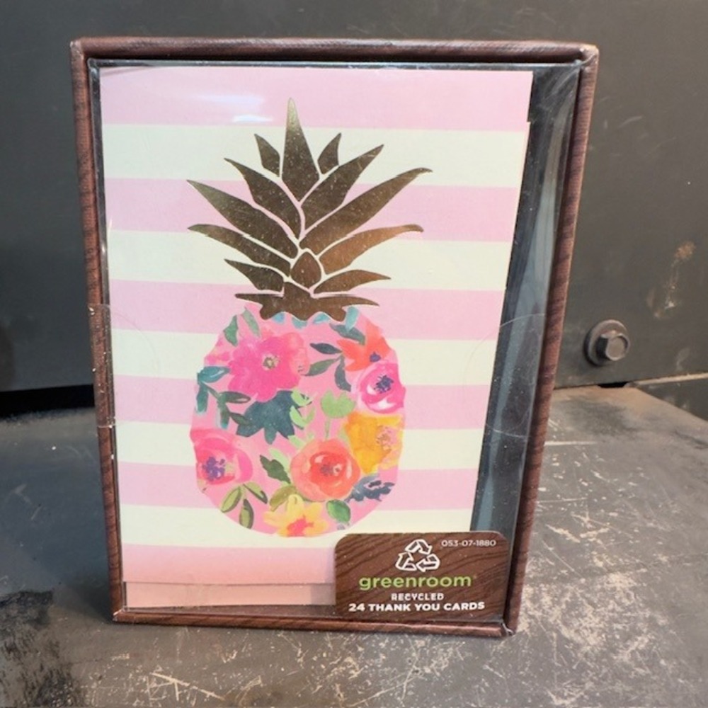 Greenroom‎ Recycled Thank You Cards Pineapple Floral Pink Stripe 24 Count